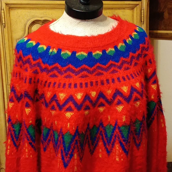 Womens Red Sweater Winter Ski Decorative Christmas sz L 89th MADISON 12/14 b36 - Picture 2 of 8
